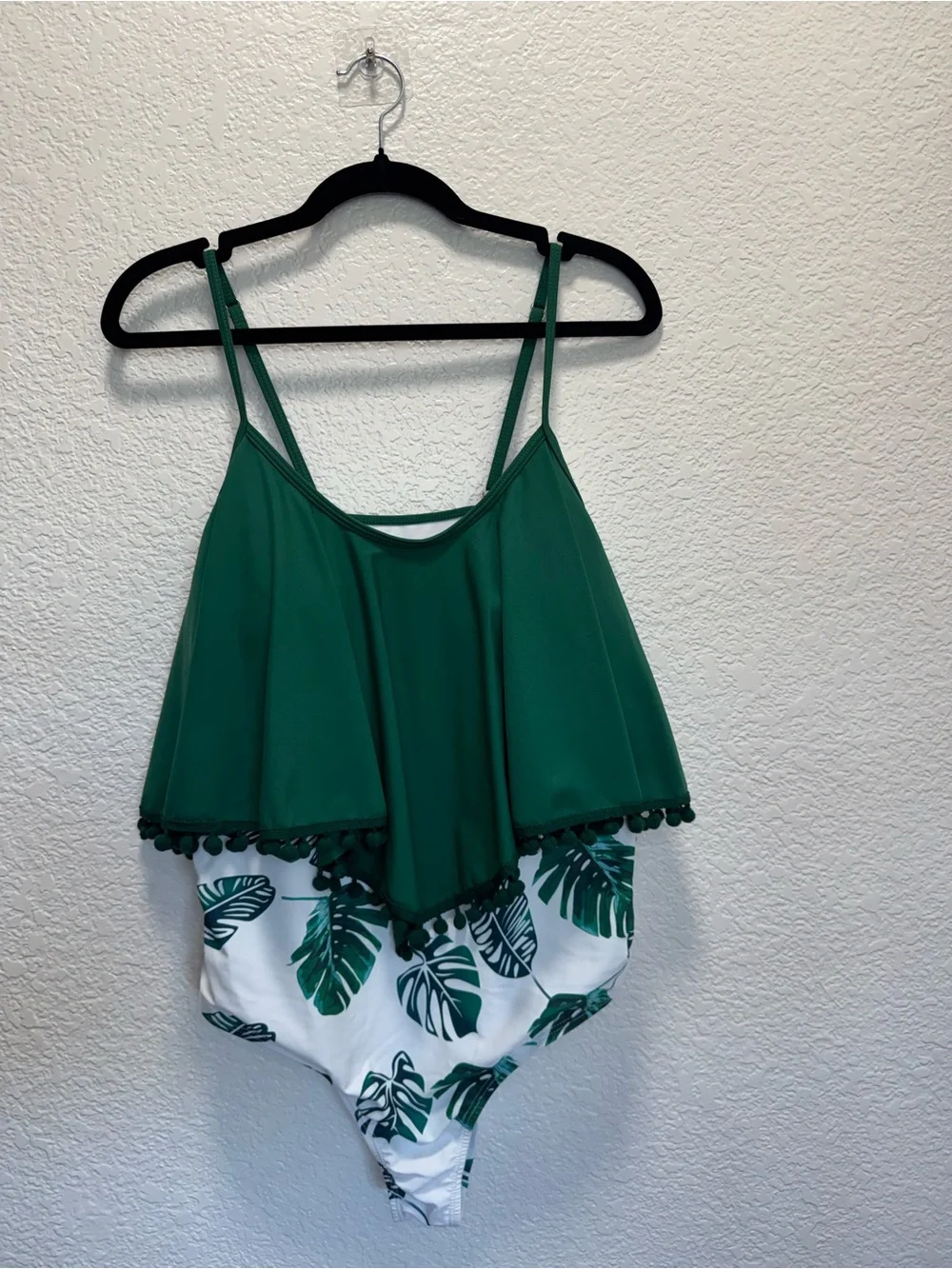 Green Pom-Pom Tankini Swim Top with Tropical Print Bottom Onepiece